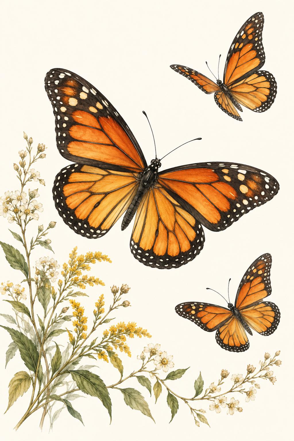 Watercolor illustration of three orange and black monarch butterflies with delicate botanical sprigs